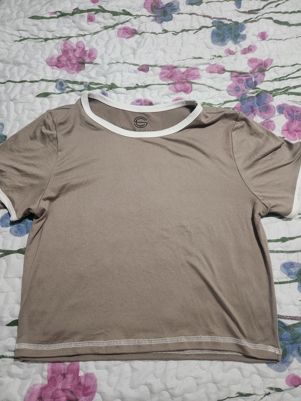 Social Culture Taupe Crop Tee with White Trim